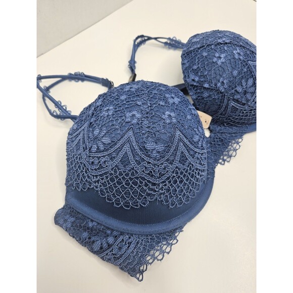 Victoria’s Secret Bombshell Plunge Underwire Push Up Blue Lace Bra 34D - Picture 3 of 9
